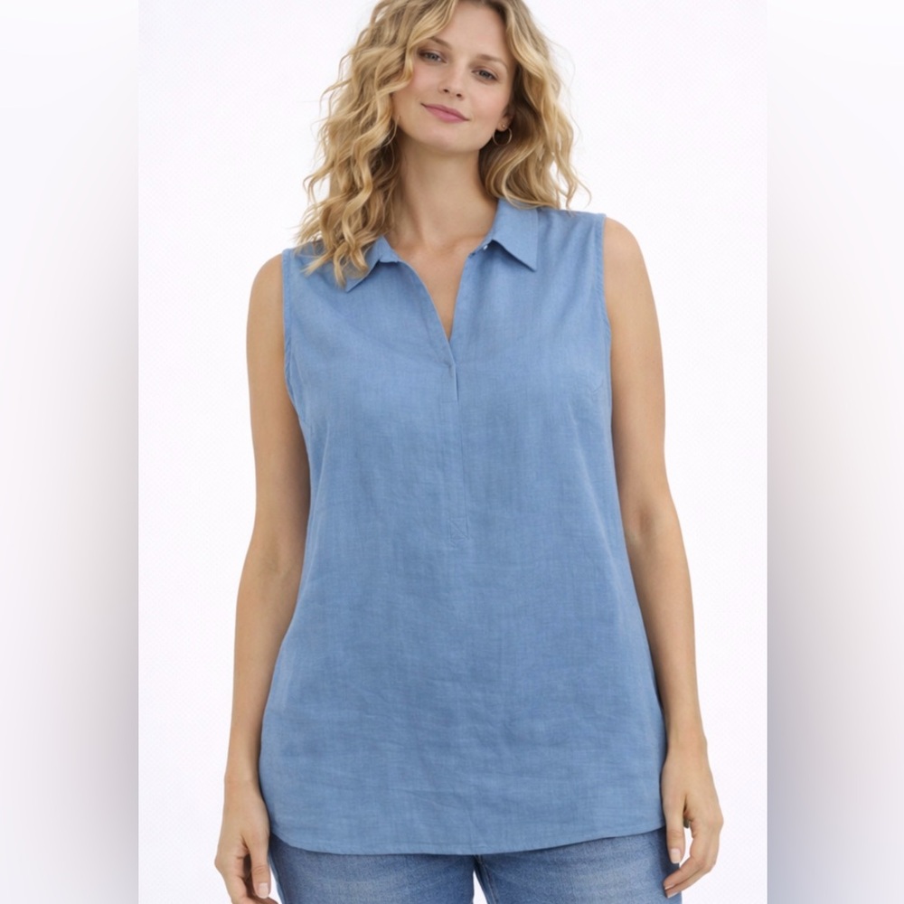 $110 Neiman Marcus Sleeveless Linen Collared Tunic Top Denim Blue XL NWT